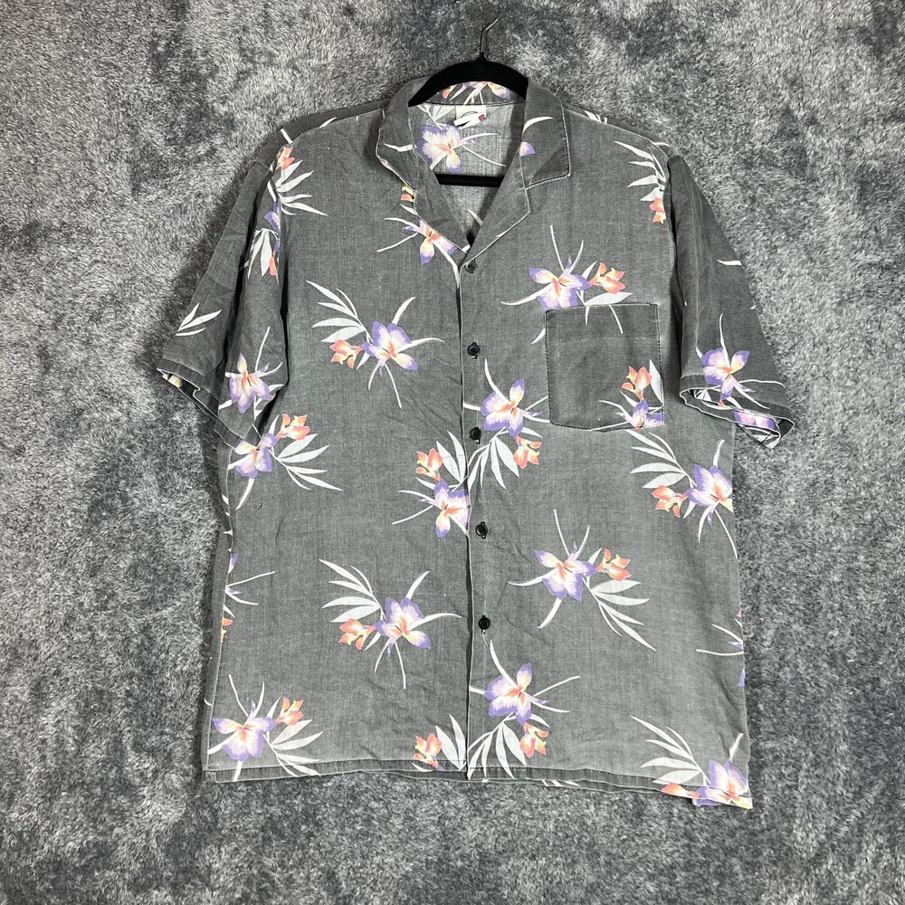 Big Sur Shirt Mens L Gray Floral Short Sleeve Button Up Rayon Lightweight
